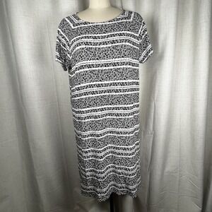J Jill Wearever Large Knit Shift Dress White Black Ditsy Floral Scoop Neck
